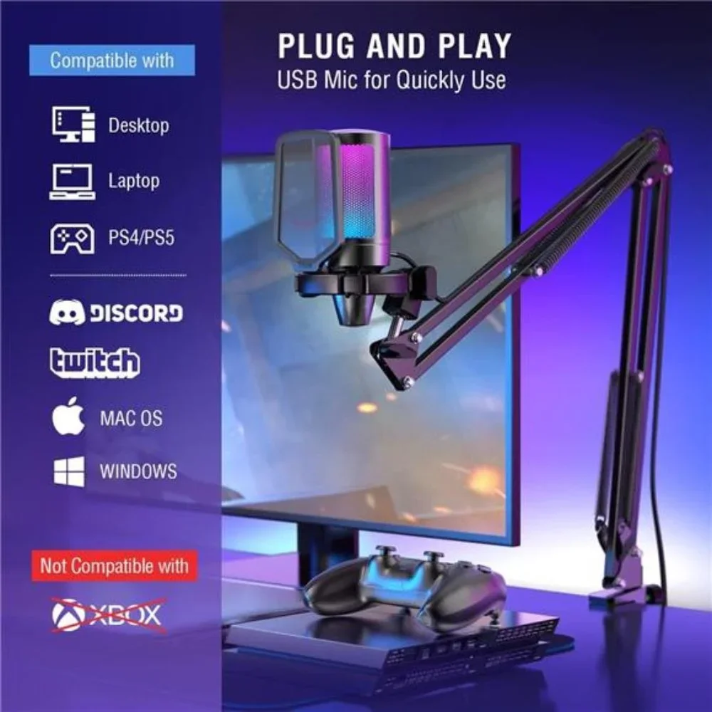 Gaming PC USB Microphone, Podcast Condenser Mic with Boom Arm, Pop Filter